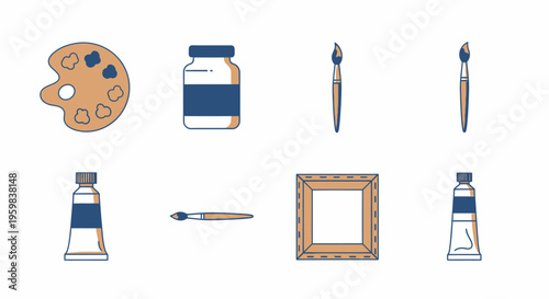 Flat lay of art supplies including paintbrushes, bottles, palette, and frame on a white background with a creative and artistic mood.
