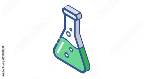 Isometric illustration of a laboratory flask containing a vibrant green liquid for science use