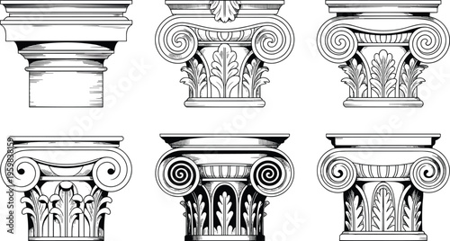 Classical architecture column capitals, Doric Ionic Corinthian styles, ancient Greek Roman design, ornate acanthus leaves, volutes, decorative heritage illustration