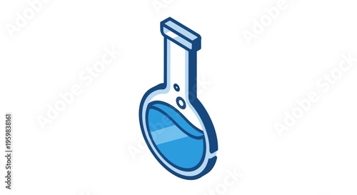 Isometric illustration of a laboratory flask filled with a blue liquid in white background