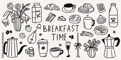 Set of whimsical card with breakfast coffee line art doodle sketch. Whimsy lunch with croissant, coffee cup, french brunch coquette. Vector whimsy outline illustration