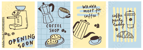 Set of whimsical coffee cafes card. Hot drink cup, coffee shop and croissant breakfast banner. Espresso, cappuccino hand drawn line art poster template. Vector whimsy illustration