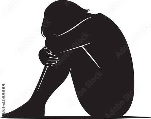 Sad woman silhouette with head on knees represents loneliness, depression, and grief, vector illustration of sorrow