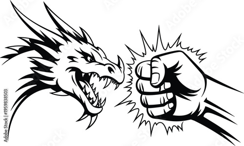 Dragon head illustration, clenched fist, mythical creature, human strength, fantasy conflict, roaring dragon, power symbol, confrontation art, black white silhouette