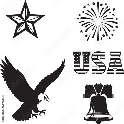 American patriotic symbols including star, eagle, fireworks, USA text and Liberty Bell on transparent background