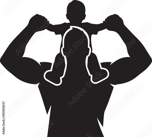 Silhouette of a strong father carrying his child on his shoulders for fathers day celebration