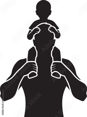 Silhouette of a muscular father carrying his child on his shoulders celebrating fatherhood