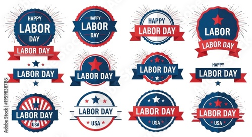 Labor Day festive badge set with red white and blue poster banner download 2026 2027 badges stickers