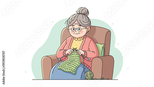 Elderly grandmother sitting in an armchair and knitting with wool yarn