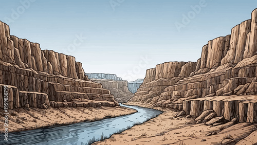 Scenic desert canyon with a winding river, illustrated in a hand-drawn style.