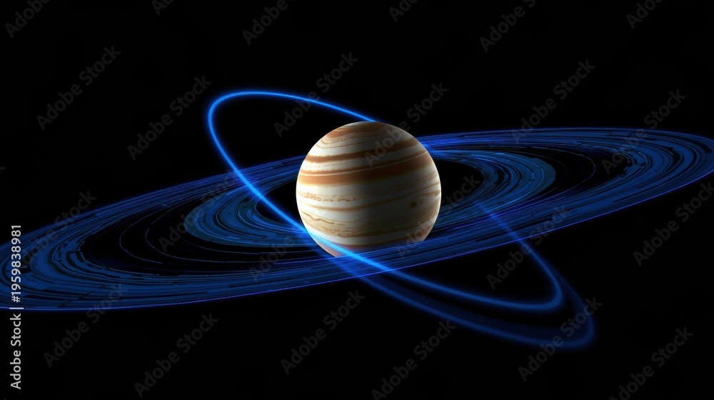 Fototapeta premium Planet with rings visible. Striking contrast between light, dark areas. Rings appear bright blue against black background. Space scene.