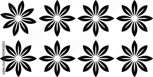 Floral pattern illustration, symmetrical eight petal design, black white decorative motif, geometric flower art, textile wallpaper symbol, repetitive graphic style