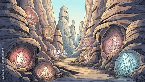 Fantasy canyon with glowing crystals and rock formations.