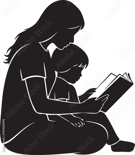 Mother and child silhouette reading book together, engaging in education and storytelling on transparent background