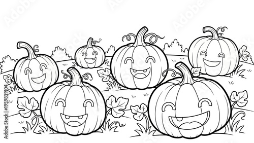 Halloween coloring page featuring happy smiling pumpkins in a pumpkin patch