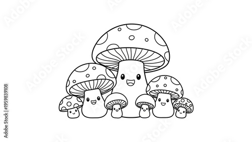 Cute mushroom characters in a playful coloring book style illustration.