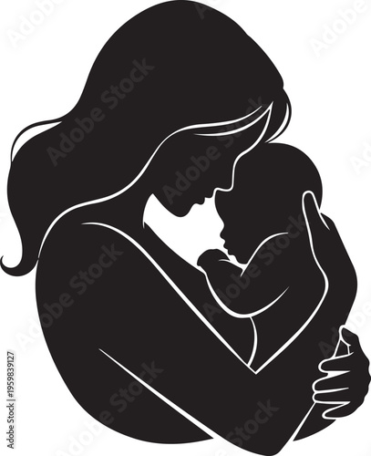 Mother holding baby silhouette tender embrace symbolizing maternal love family bond and nurturing care with soft lines on checkered background vector art