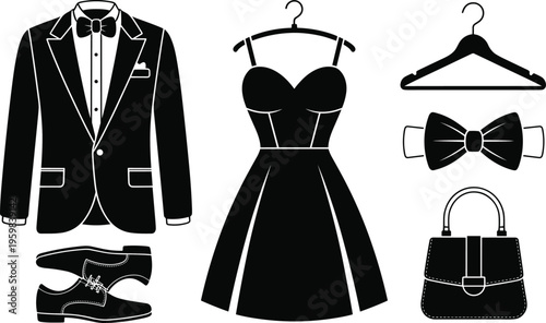 Formal clothing icons set, tuxedo bow tie shoes, women’s dress hanger purse handbag, fashion silhouette illustration, wedding gala event design