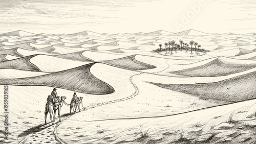 Two people on camels journey through the desert towards an oasis.