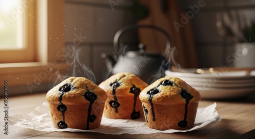 Three freshly baked blueberry muffins cooling with steam rising, a teapot in the background