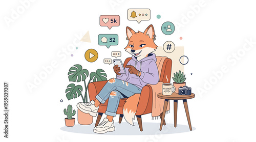 Anthropomorphic Fox Character Relaxing with Smartphone and Social Media Icons