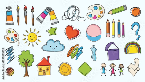 Collection of colorful children's drawings and art supplies