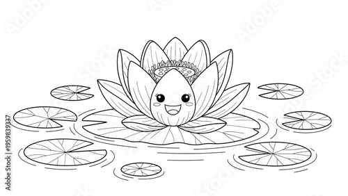 Happy cartoon lotus flower in water with lily pads, line art.