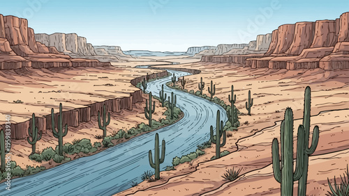 Cartoon desert canyon with a river and cacti under a blue sky.