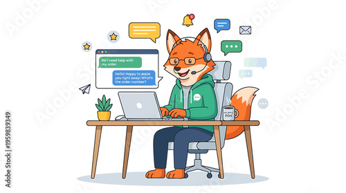 Anthropomorphic Fox Character Working on Laptop with Chat Bubbles and Icons