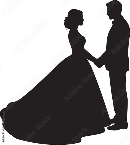 Bride and groom holding hands silhouette vector art for wedding invitation and romantic couples design element