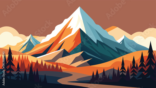 A stylized vector illustration of a majestic snow-capped mountain range at sunset in autumn time
