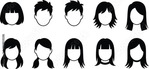Hairstyle icons set, women men hair silhouettes, ponytail bangs short cut, fashion illustration, beauty design, haircut style symbolsHairstyle ico