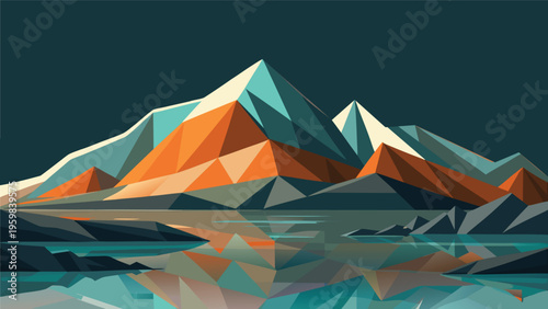 A vibrant low poly artistic depiction of majestic mountain peaks reflecting in a calm dark water