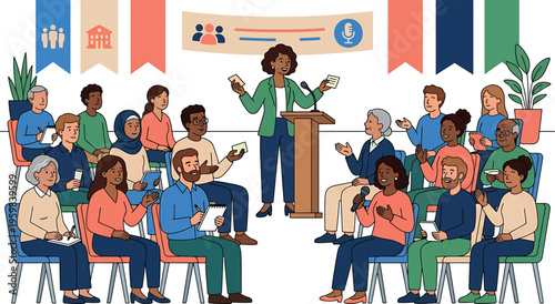 Illustration of a diverse group of people listening to a speaker isolated on transparent background