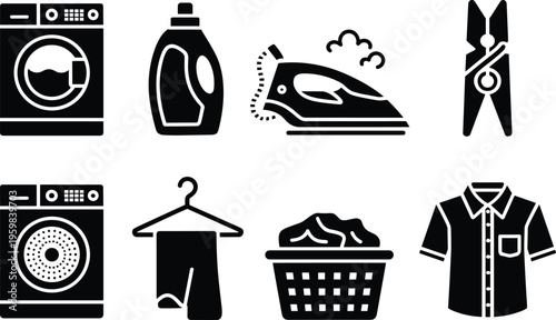 Laundry icons illustration, washing machine detergent iron, clothespin dryer hanger basket shirt, clothing care symbols, black white household cleaning artLaundry icons illustration, washing 