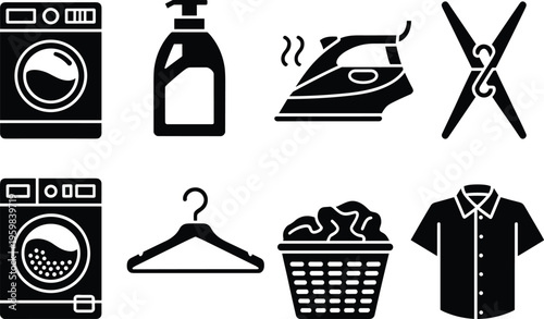 Laundry icons set, washing machine detergent iron clothespin hanger basket shirt, clothing care illustration, household chores design, cleaning symbolsLaundry icons set, washing machine , 