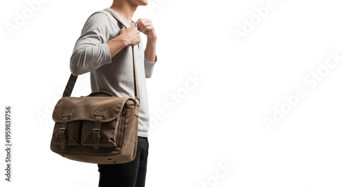 man holding brown leather messenger bag on white background