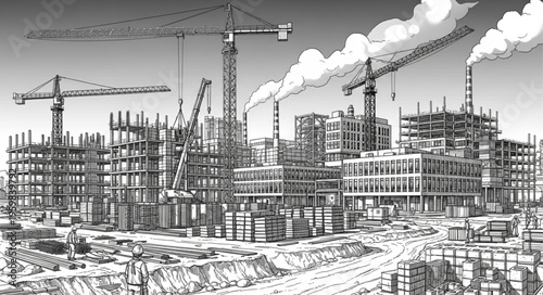 Industrial Construction Site with Cranes and Smoke Stacks Illustration.