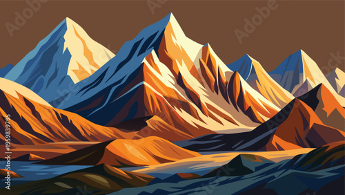 A stylized artistic illustration of majestic snow capped mountain peaks at sunset in vibrant colors