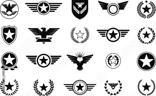 Military insignia icon set, stars wings shields eagles laurel wreaths, honor rank achievement, vintage emblem design, authority badge illustration