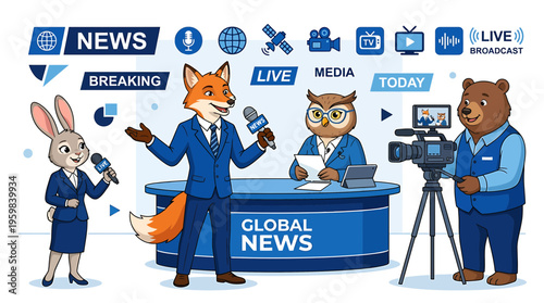 Animal News Team Reporting Live: Fox Anchor, Owl Presenter, Bear Cameraman, Rabbit Reporter