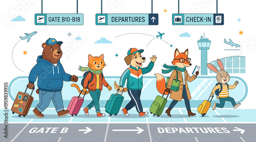 Anthropomorphic Animal Friends Traveling Together at Airport with Luggage
