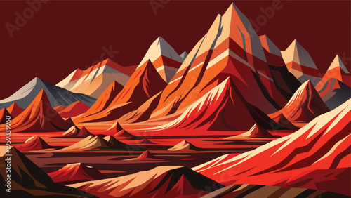 A stylized artistic illustration of a vast martian landscape with jagged red mountain peaks today