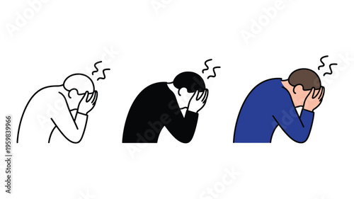 Stylized human figure icon set showing headache pain, stress and mental anguish, available in line, solid and color variations for healthcare and emotional wellbeing design.