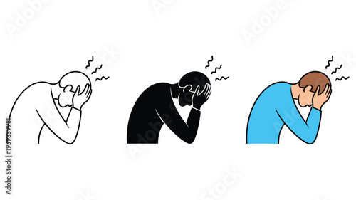 Stylized human figure icon set showing headache pain, stress and mental anguish, available in line, solid and color variations for healthcare and emotional wellbeing design.