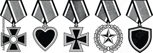 Military medals illustration, cross heart star shield, laurel wreath design, honor achievement award, black white ribbon, army navy airforce art