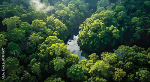 Aerial View of Lush Green Tropical Rainforest with River