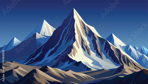 A majestic digital illustration of sharp snow capped mountain peaks against a deep blue night sky