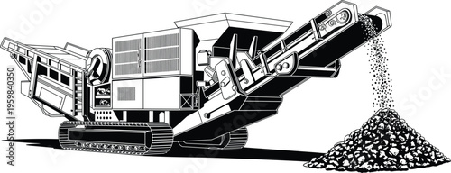 Mobile rock crusher illustration, industrial mining machinery, conveyor belt system, crushed stone pile, construction equipment drawing, heavy machine design artMobile rock crusher illustration, 