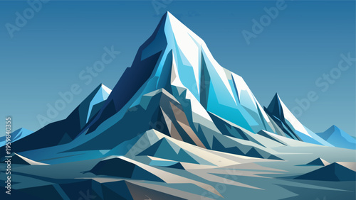 A stylized artistic illustration of a majestic snow capped mountain peak under a clear blue sky